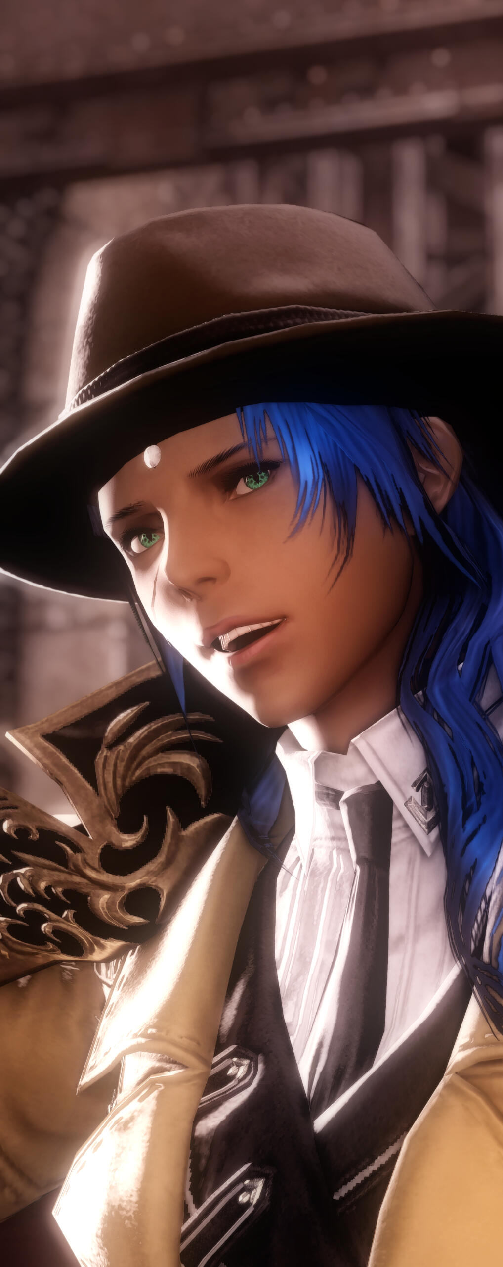 Aellae attired in the manner of a Thavnairan Belly dancer. Attire is in reds and blacks with gold trim.