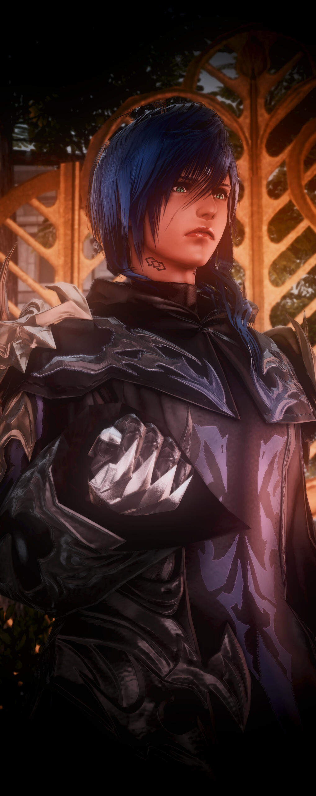 Aellae attired in Ascian robes, in blacks and purples with gold and silver metallics.