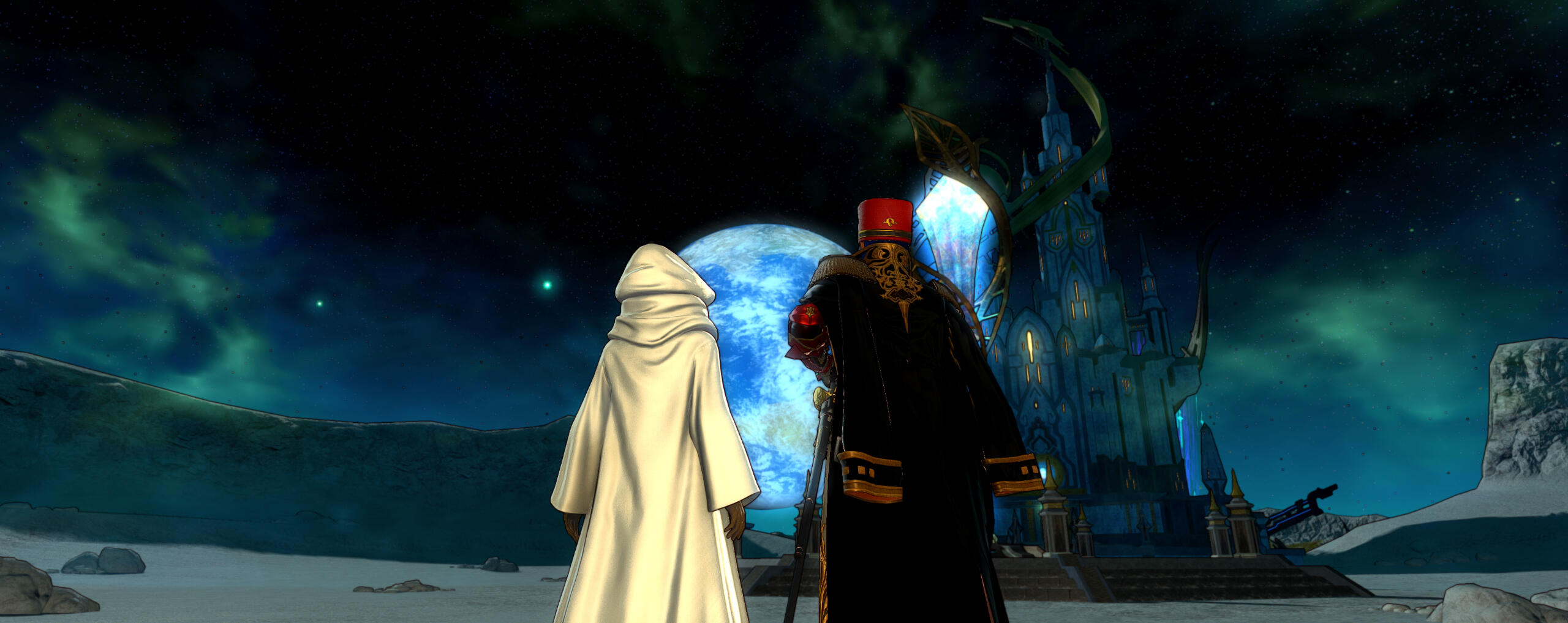 Aellae and Elidibus gazing down at Etheirys from the moon, conversing.
